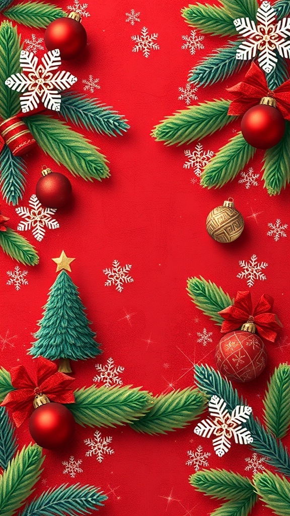 Christmas Wallpaper Aesthetic Design Aesthetic Christmas wallpaper with snowflakes, trees, and ornaments in red and green colors.